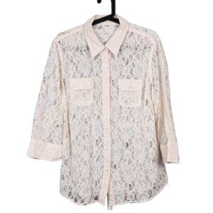 Cato Button Up Lace Shirt XL Womens Pockets Off White Cotton Blend 3/4 Sleeves